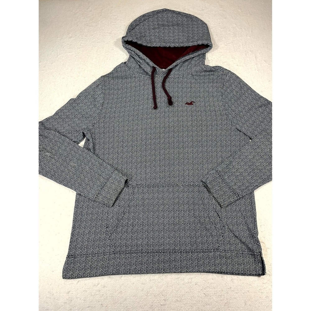 Hollister Hoodie Mens Small Gray Herringbone Pattern Cotton Long Sleeve Pullover